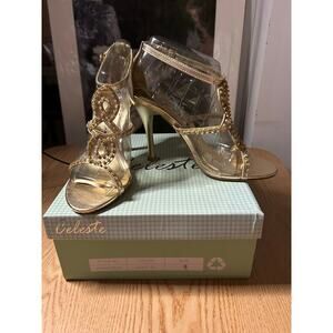New Women’s Celeste Charlize 3.5” High Heel 👠 Shoes Gold Rhinestones size 9